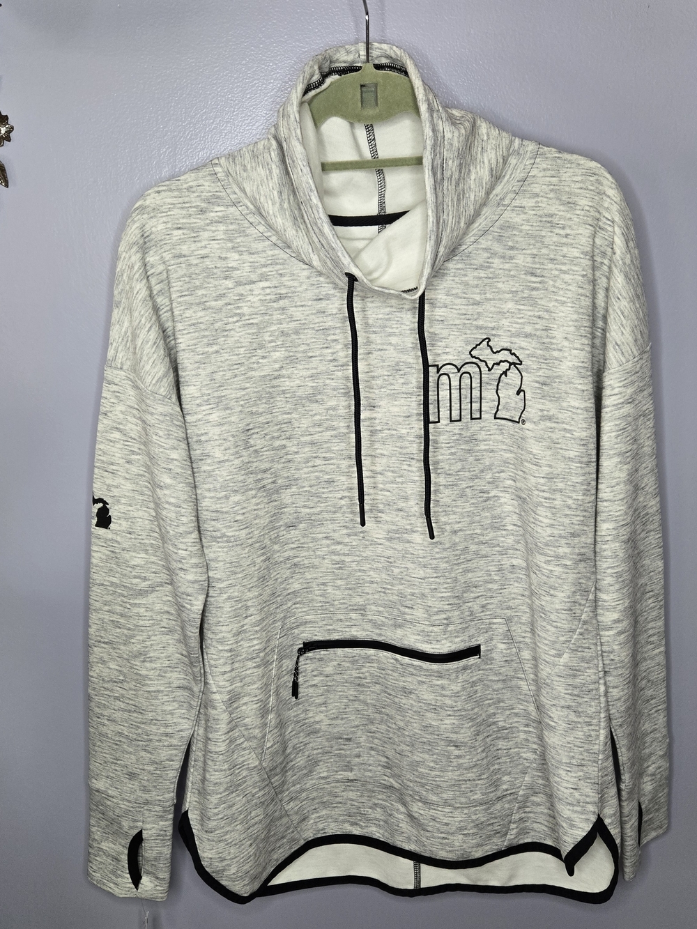 Michigan Light Gray Marled Cowel Neck Pullover Hoodie with MI State Accents